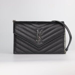 Saint Laurent Grain De Poudre Matelasse Chevron Monogram Envelope Chain Wallet B